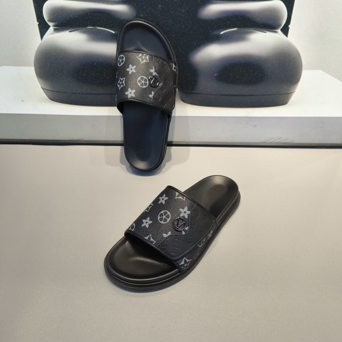 Monogram Adjustable Strap Slide Sandals