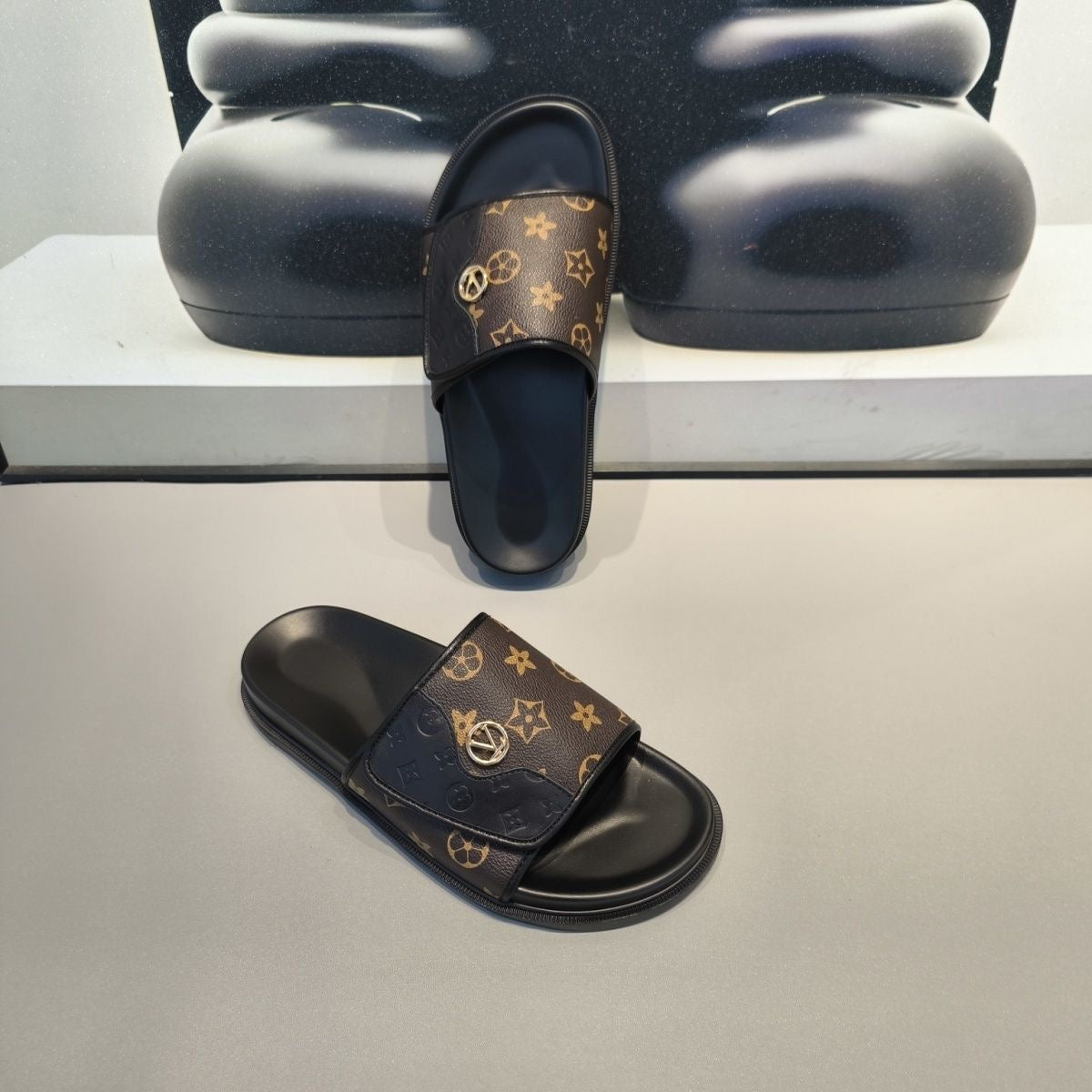 Monogram Adjustable Strap Slide Sandals