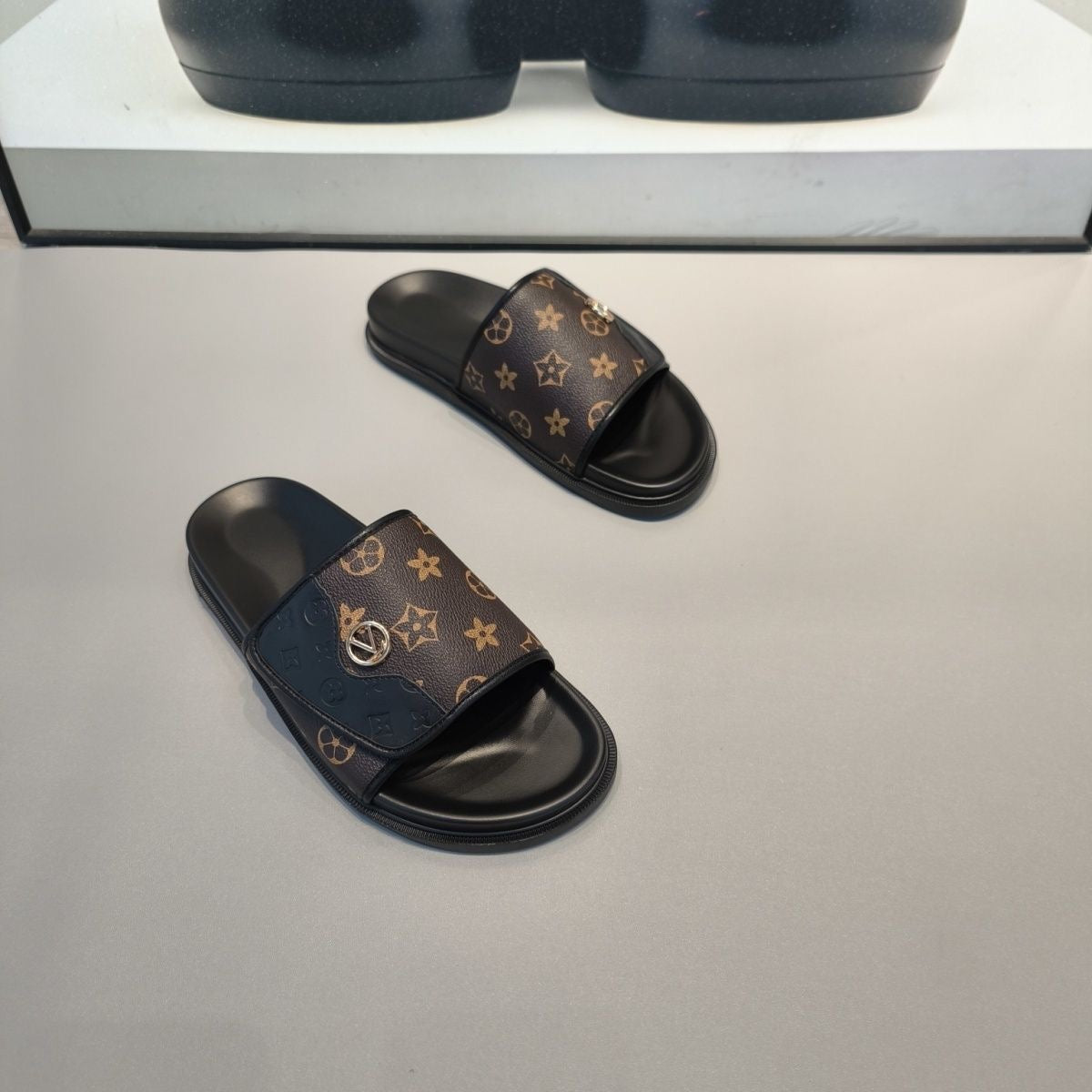 Monogram Adjustable Strap Slide Sandals