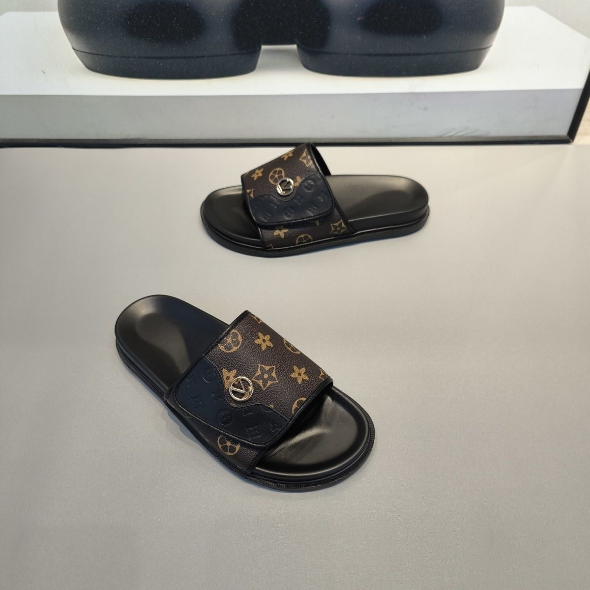 Monogram Adjustable Strap Slide Sandals