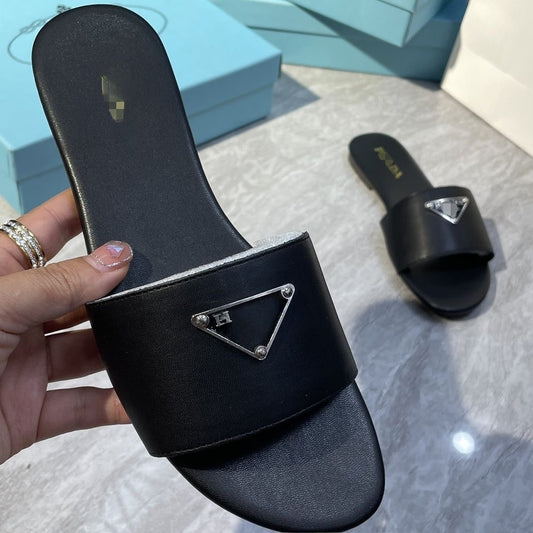Triangular Logo Leather Slide Sandals