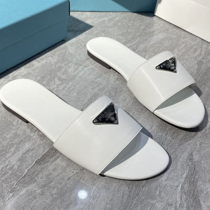 Triangular Logo Leather Slide Sandals