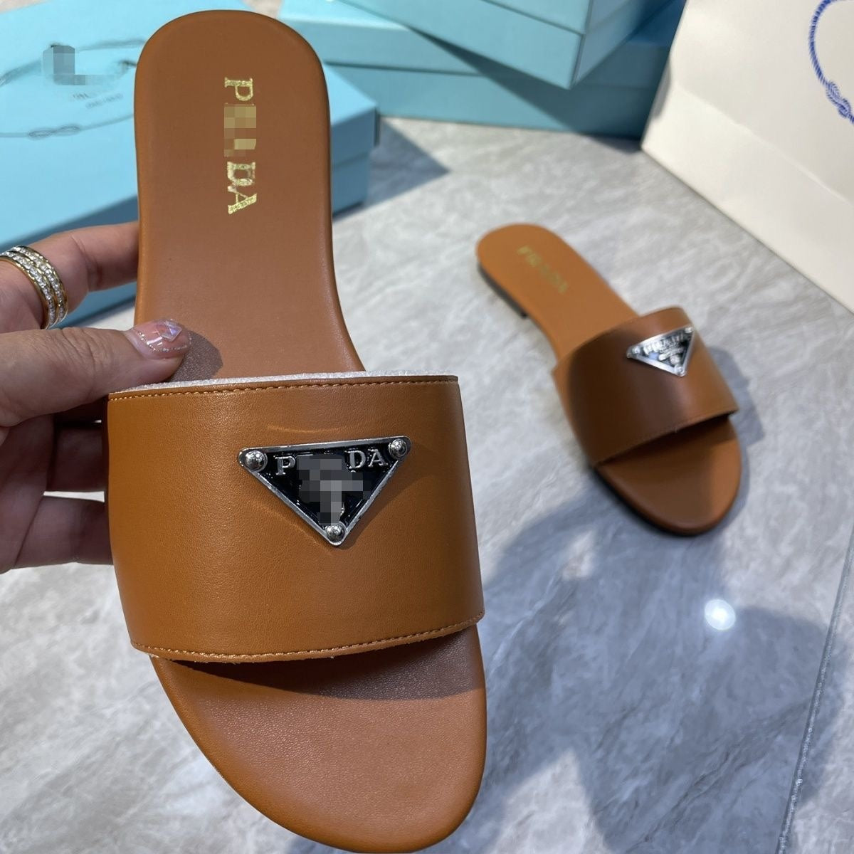 Triangular Logo Leather Slide Sandals