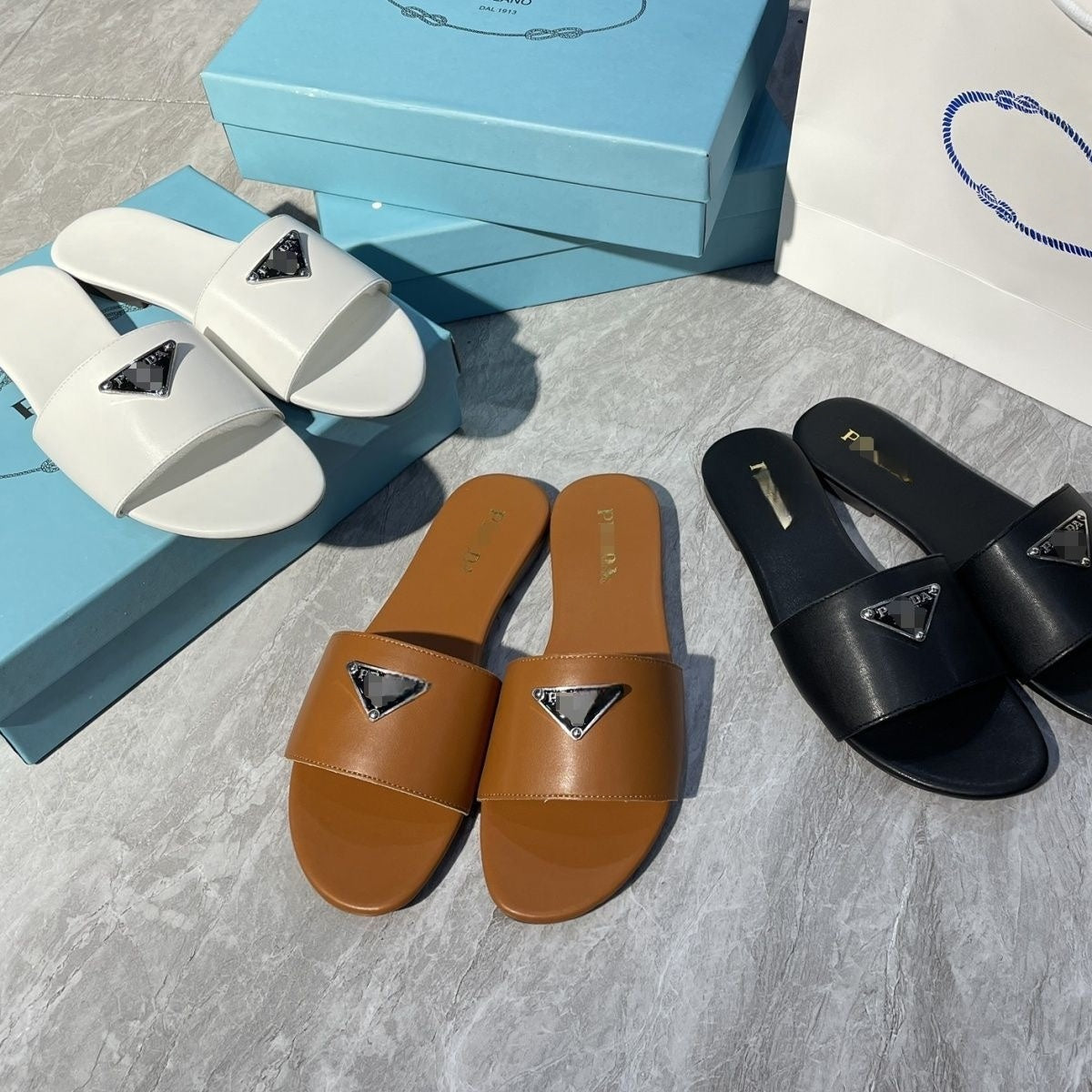 Triangular Logo Leather Slide Sandals