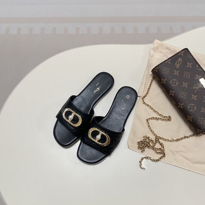 Quilted Leather Slide Sandals with Metal Buckle and Pearl Detail