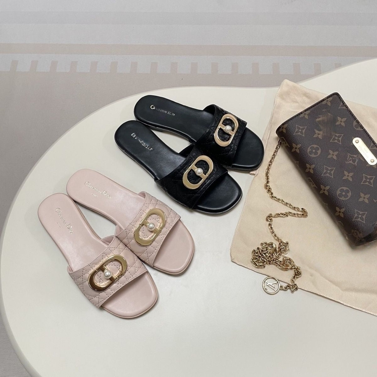 Quilted Leather Slide Sandals with Metal Buckle and Pearl Detail