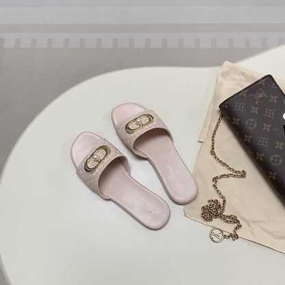 Quilted Leather Slide Sandals with Metal Buckle and Pearl Detail