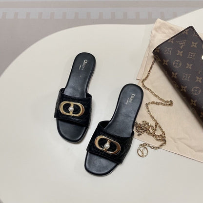 Quilted Leather Slide Sandals with Metal Buckle and Pearl Detail