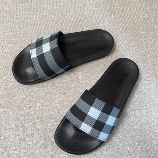 Check Print Slide Sandals with Equestrian Motif