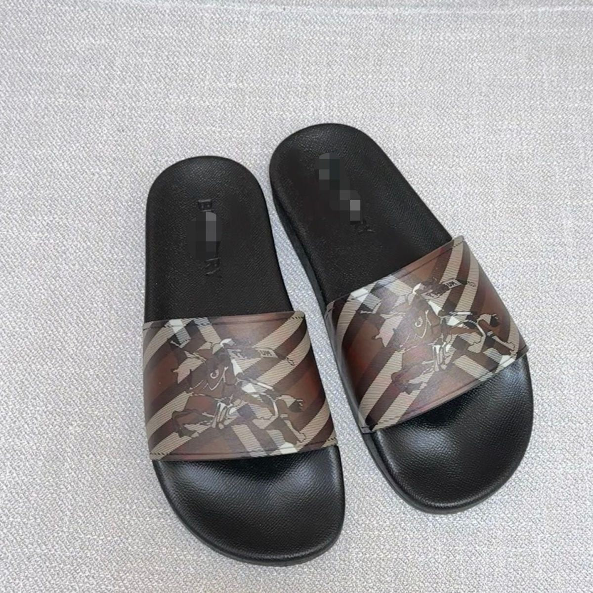 Check Print Slide Sandals with Equestrian Motif