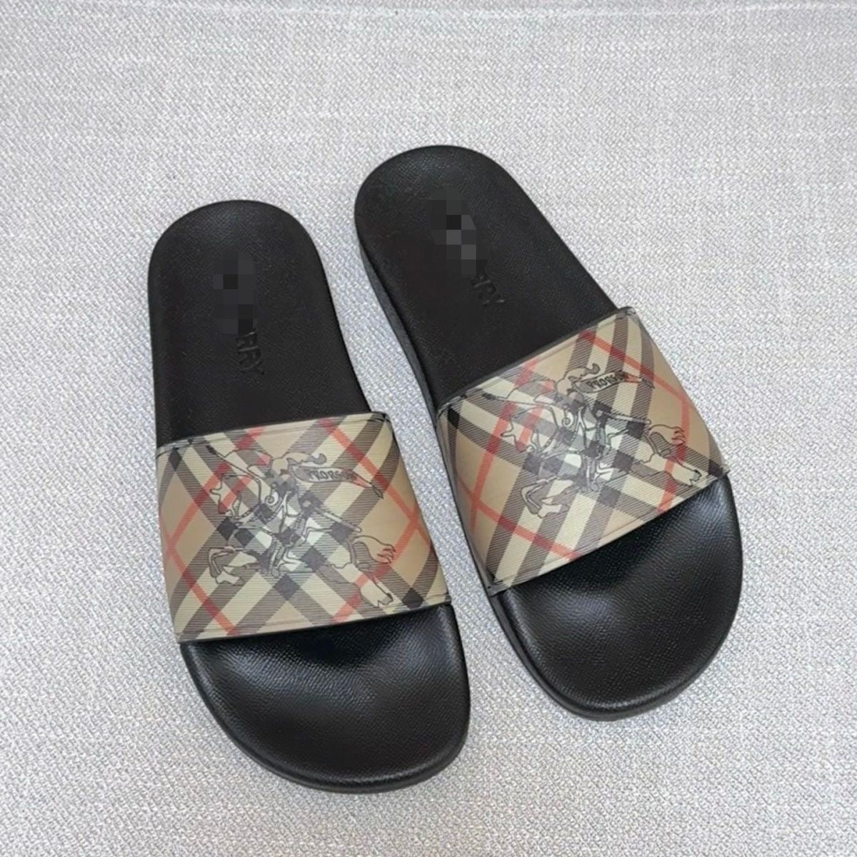 Check Print Slide Sandals with Equestrian Motif
