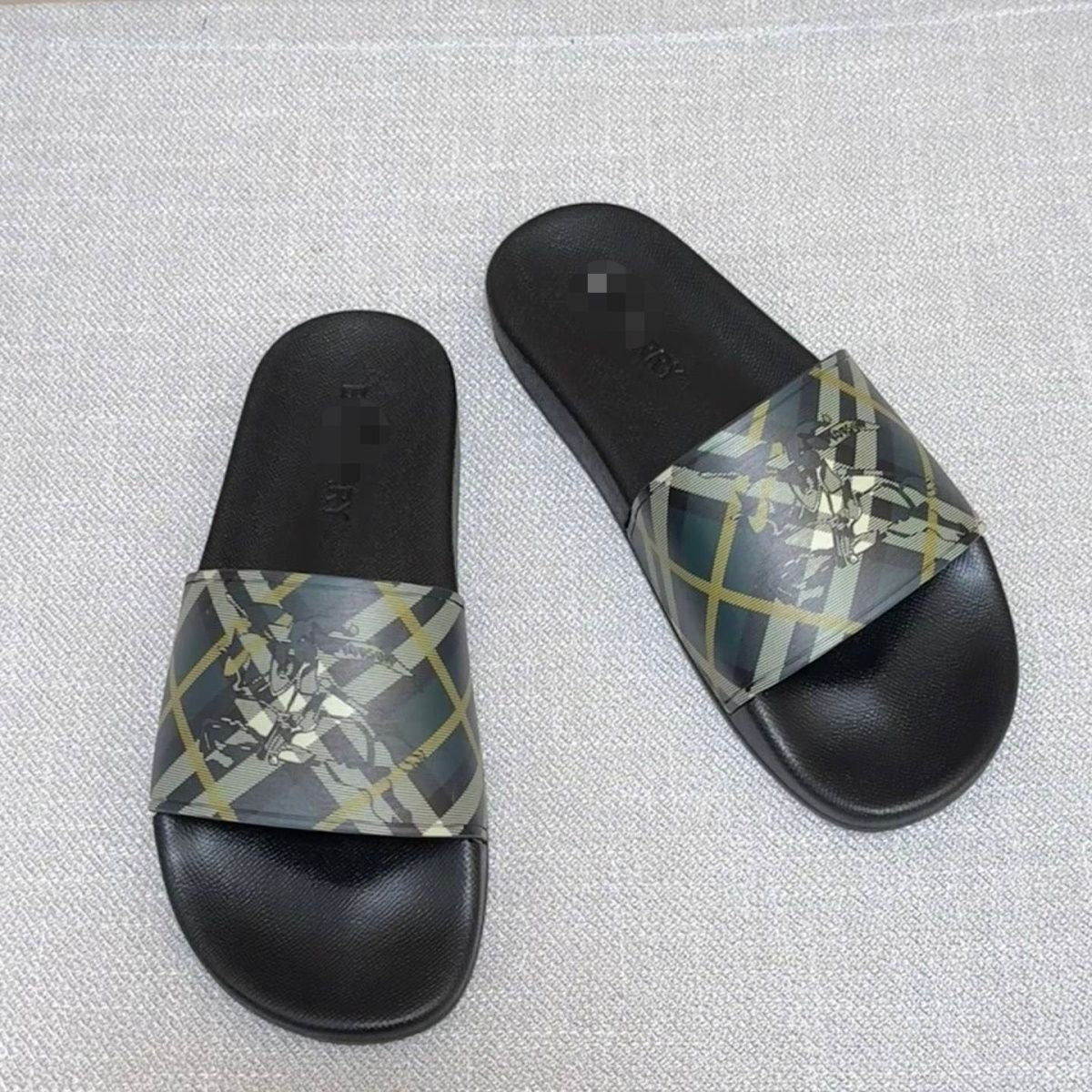 Check Print Slide Sandals with Equestrian Motif