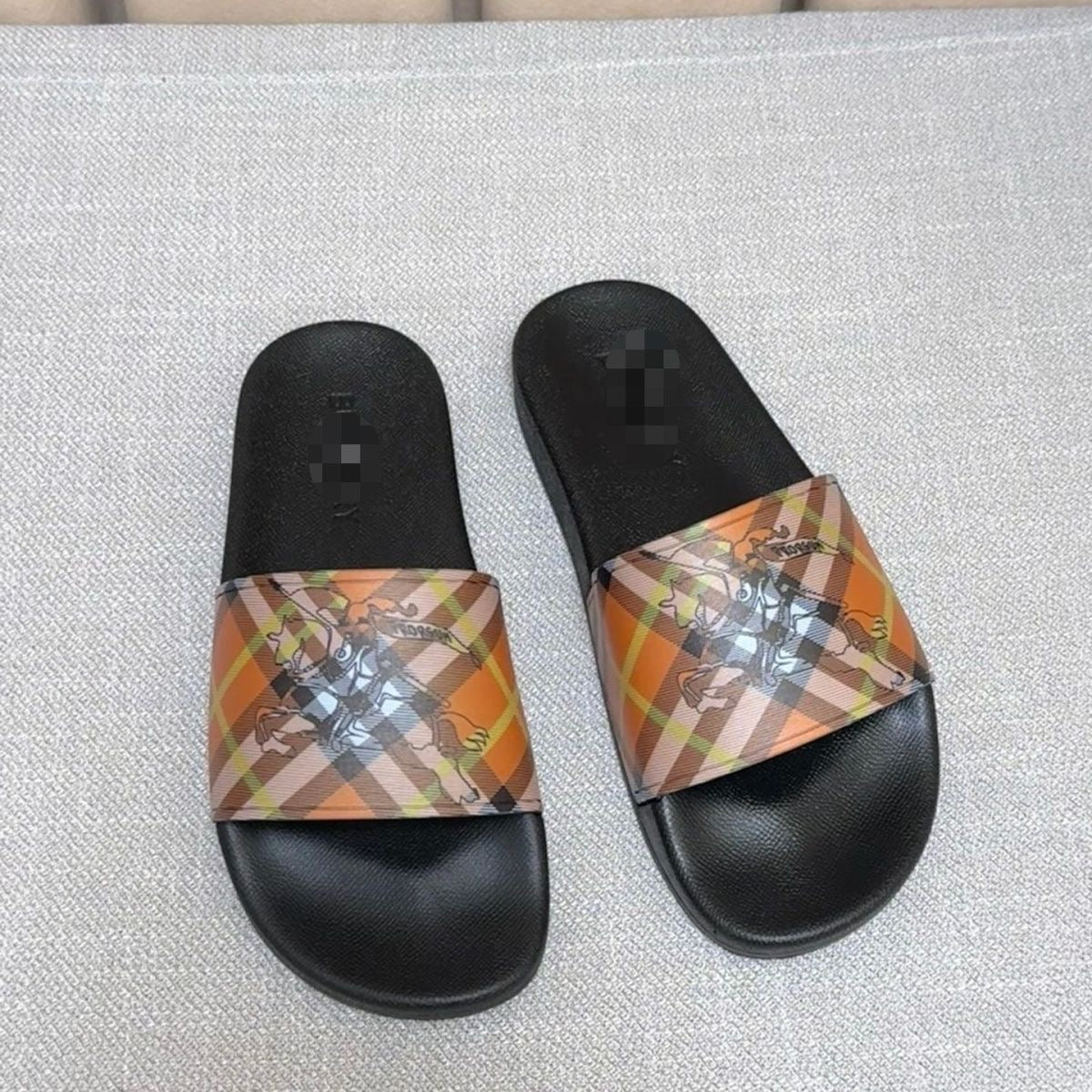 Check Print Slide Sandals with Equestrian Motif