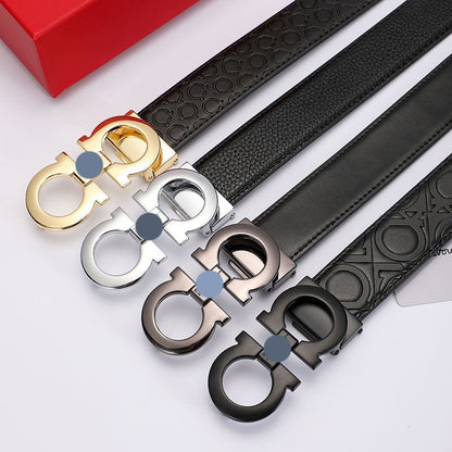 Full Embossed Leather Double Loop Automatic Buckle Belt