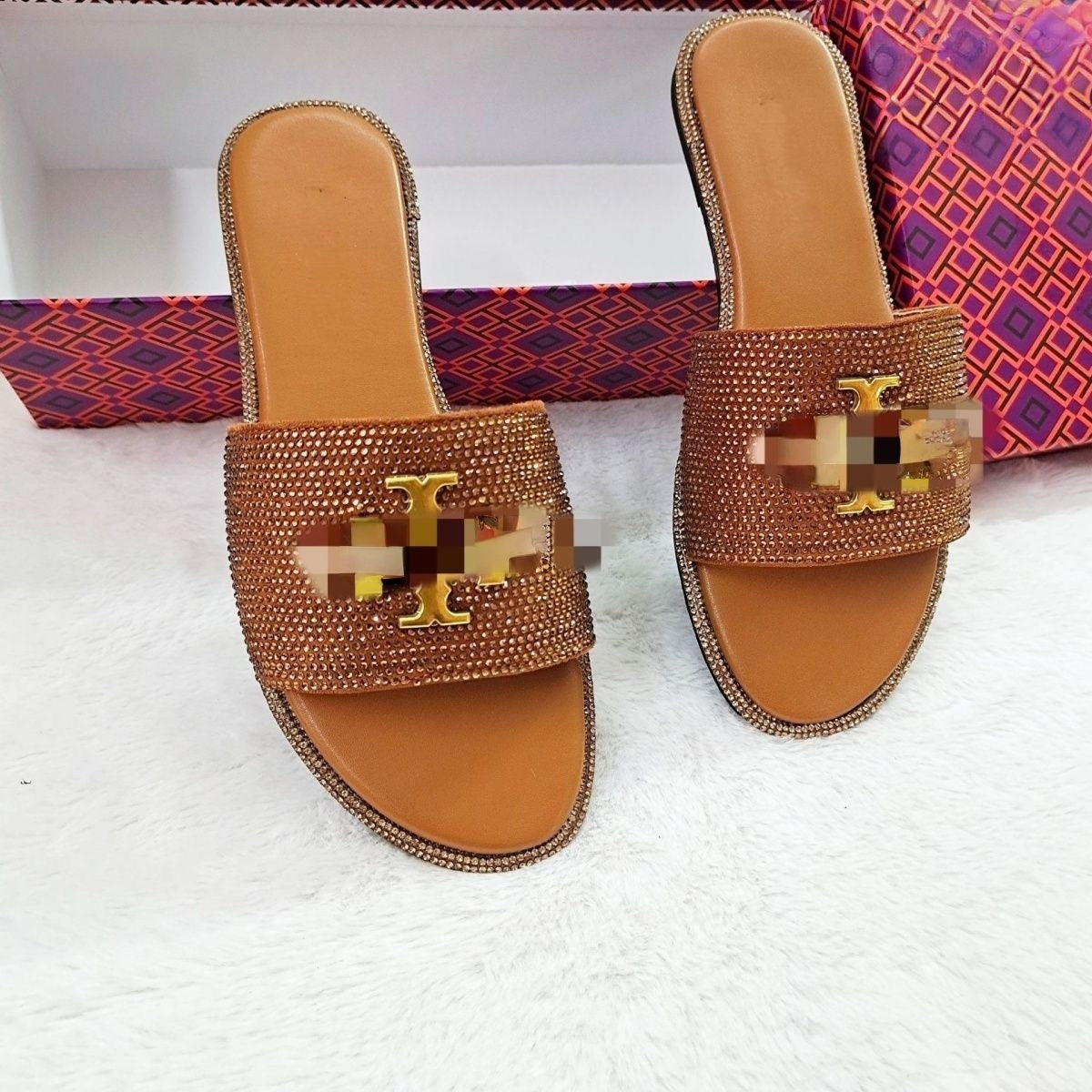 Full Rhinestone Embellished Metal Logo Slide Sandals