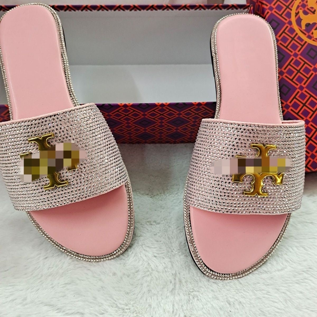 Full Rhinestone Embellished Metal Logo Slide Sandals