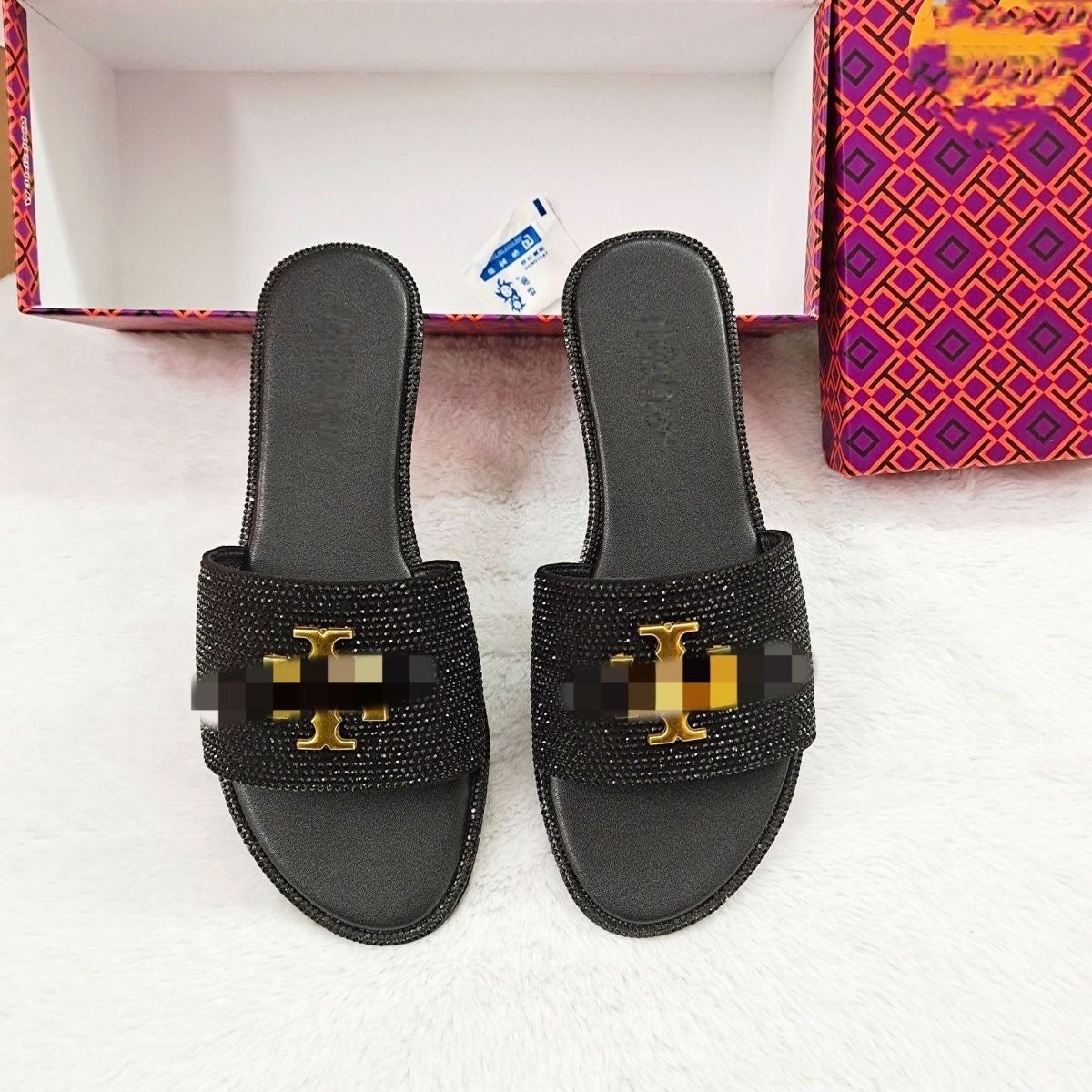 Full Rhinestone Embellished Metal Logo Slide Sandals