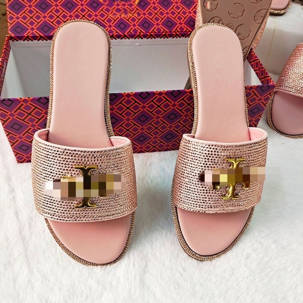 Full Rhinestone Embellished Metal Logo Slide Sandals