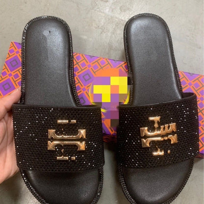 Full Rhinestone Embellished Metal Logo Slide Sandals