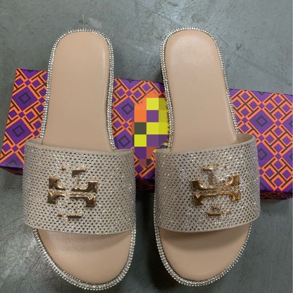 Full Rhinestone Embellished Metal Logo Slide Sandals