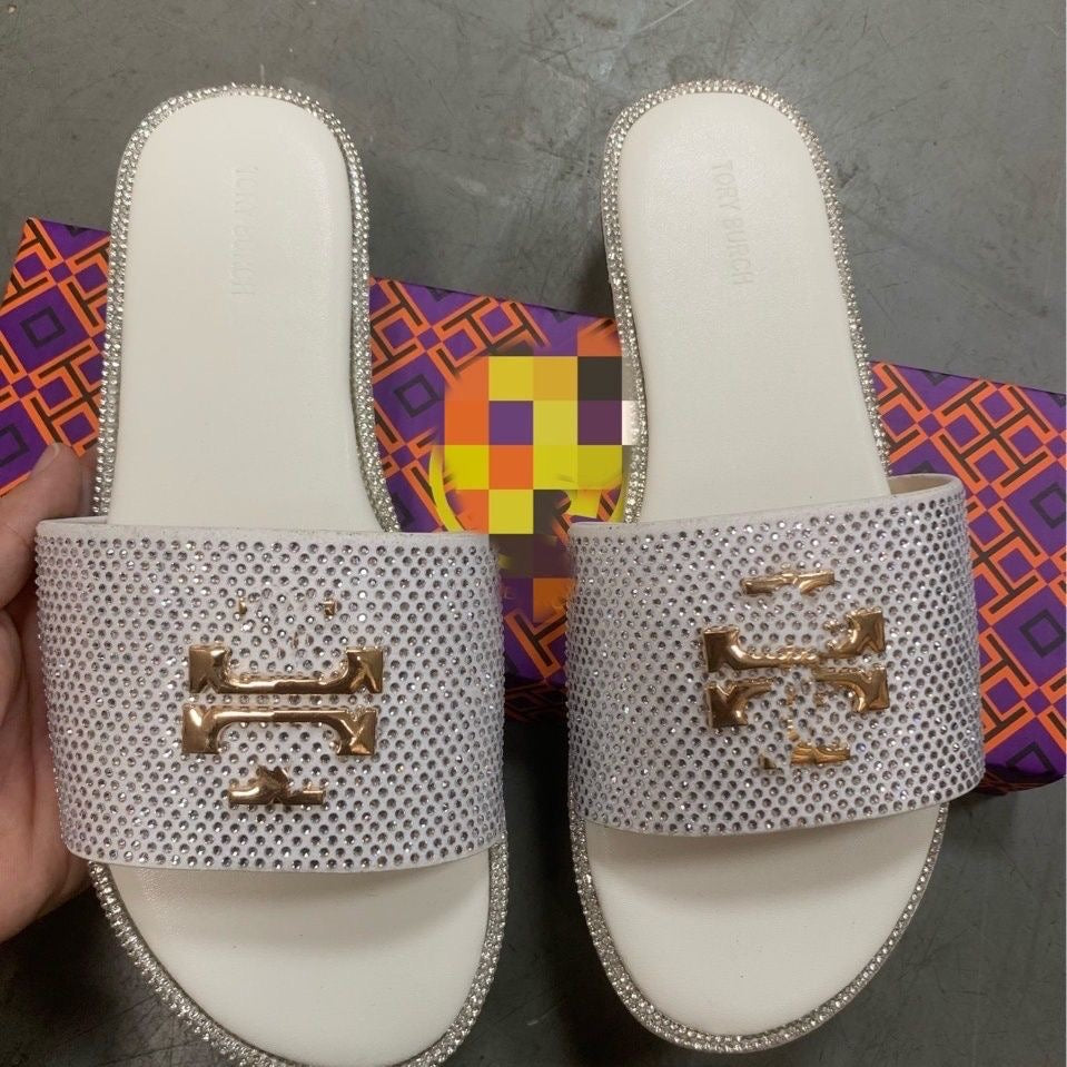 Full Rhinestone Embellished Metal Logo Slide Sandals
