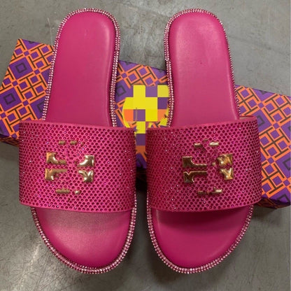 Full Rhinestone Embellished Metal Logo Slide Sandals