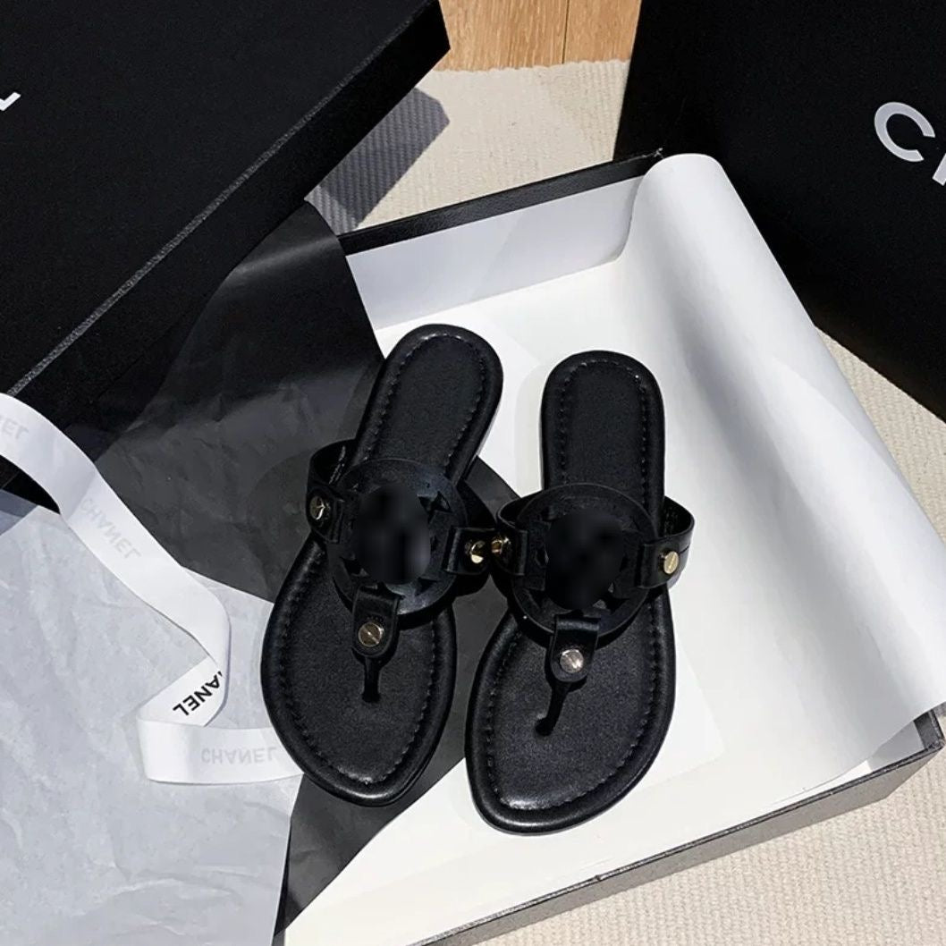 Cutout Metal Detail Thong Flat Sandals