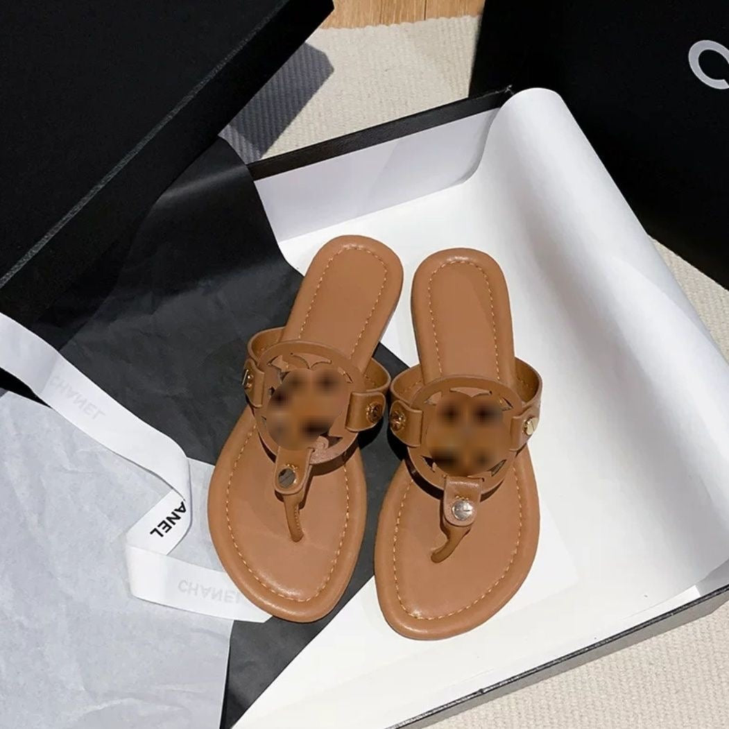 Cutout Metal Detail Thong Flat Sandals