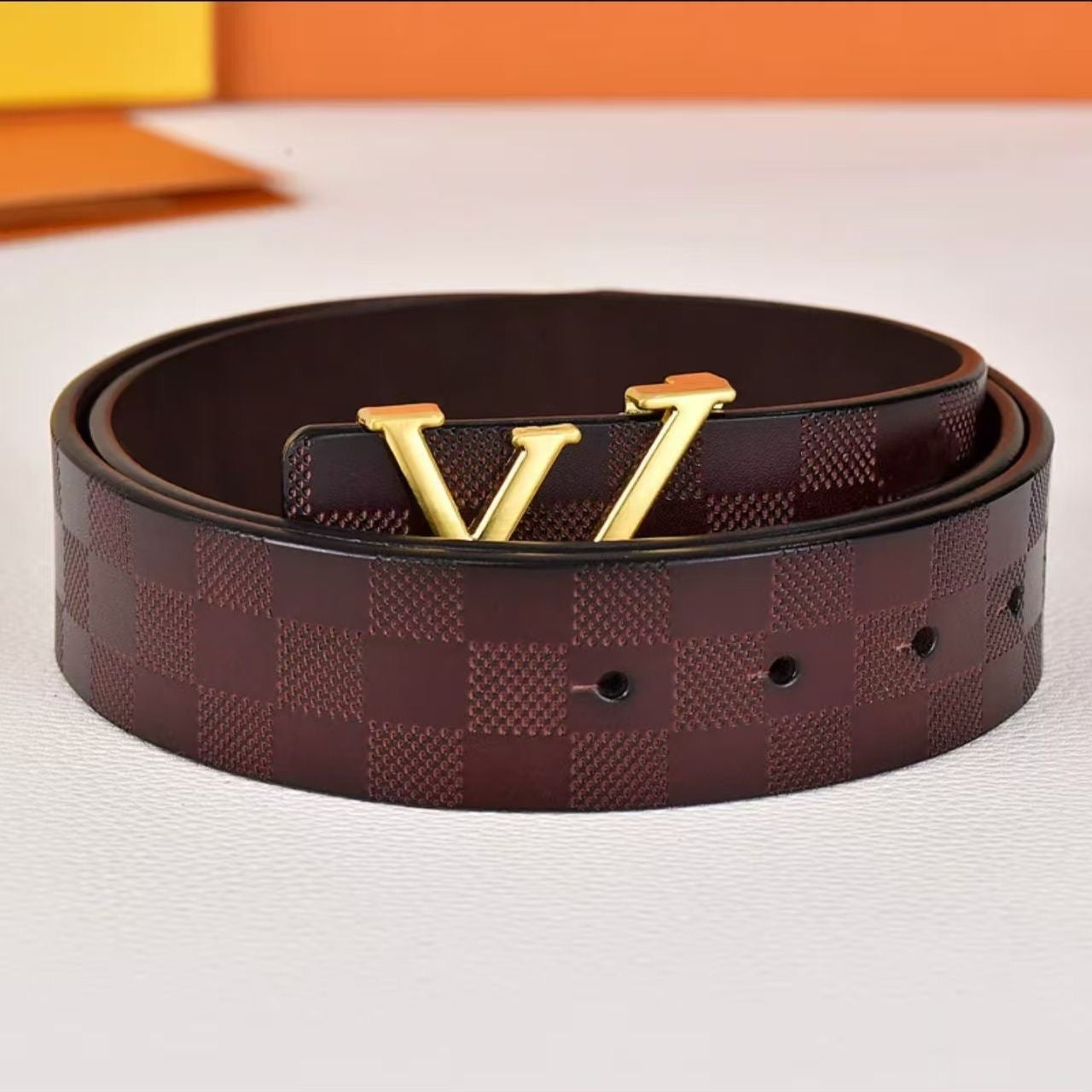 Embossed Check Pattern Letter Pin Buckle Leather Belt
