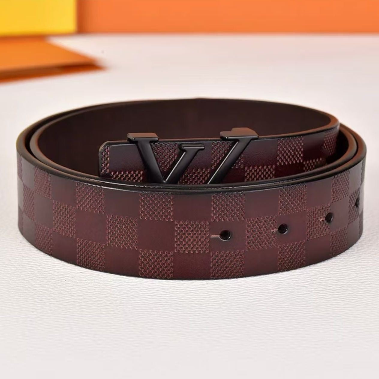 Embossed Check Pattern Letter Pin Buckle Leather Belt