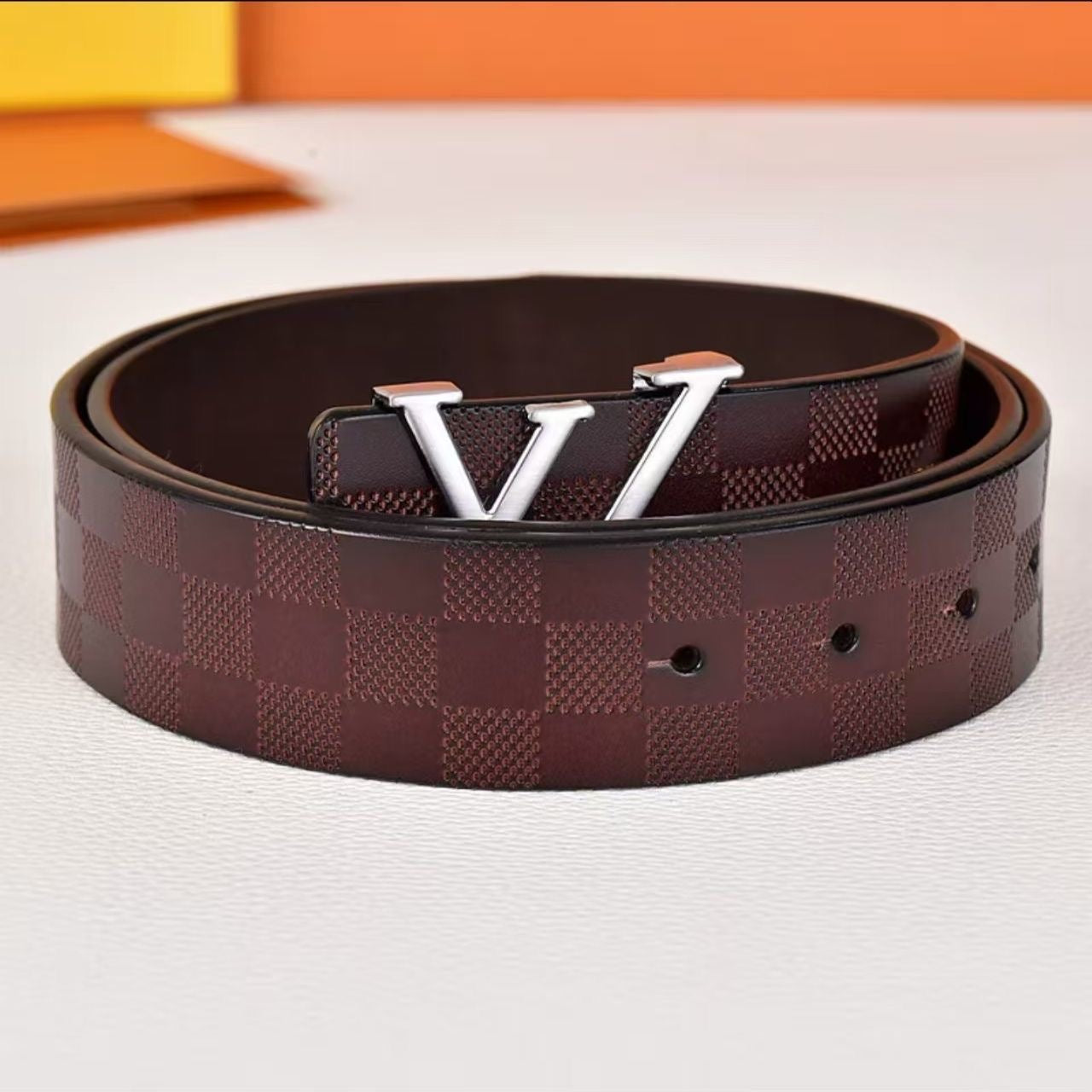 Embossed Check Pattern Letter Pin Buckle Leather Belt