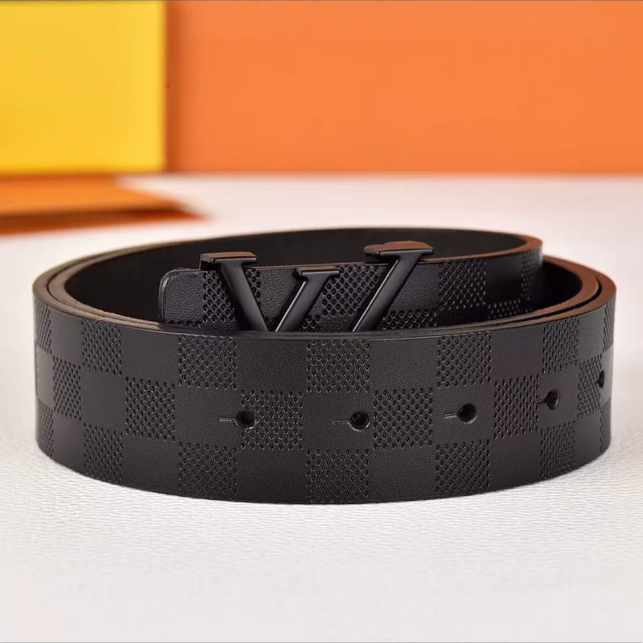 Embossed Check Pattern Letter Pin Buckle Leather Belt