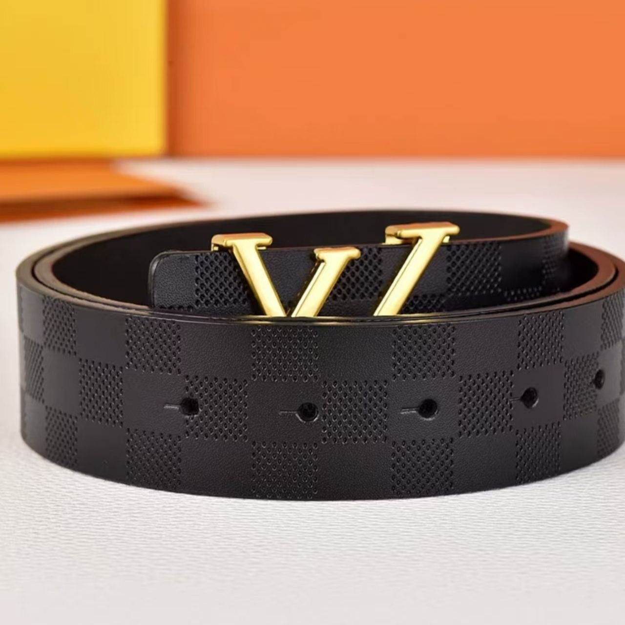 Embossed Check Pattern Letter Pin Buckle Leather Belt