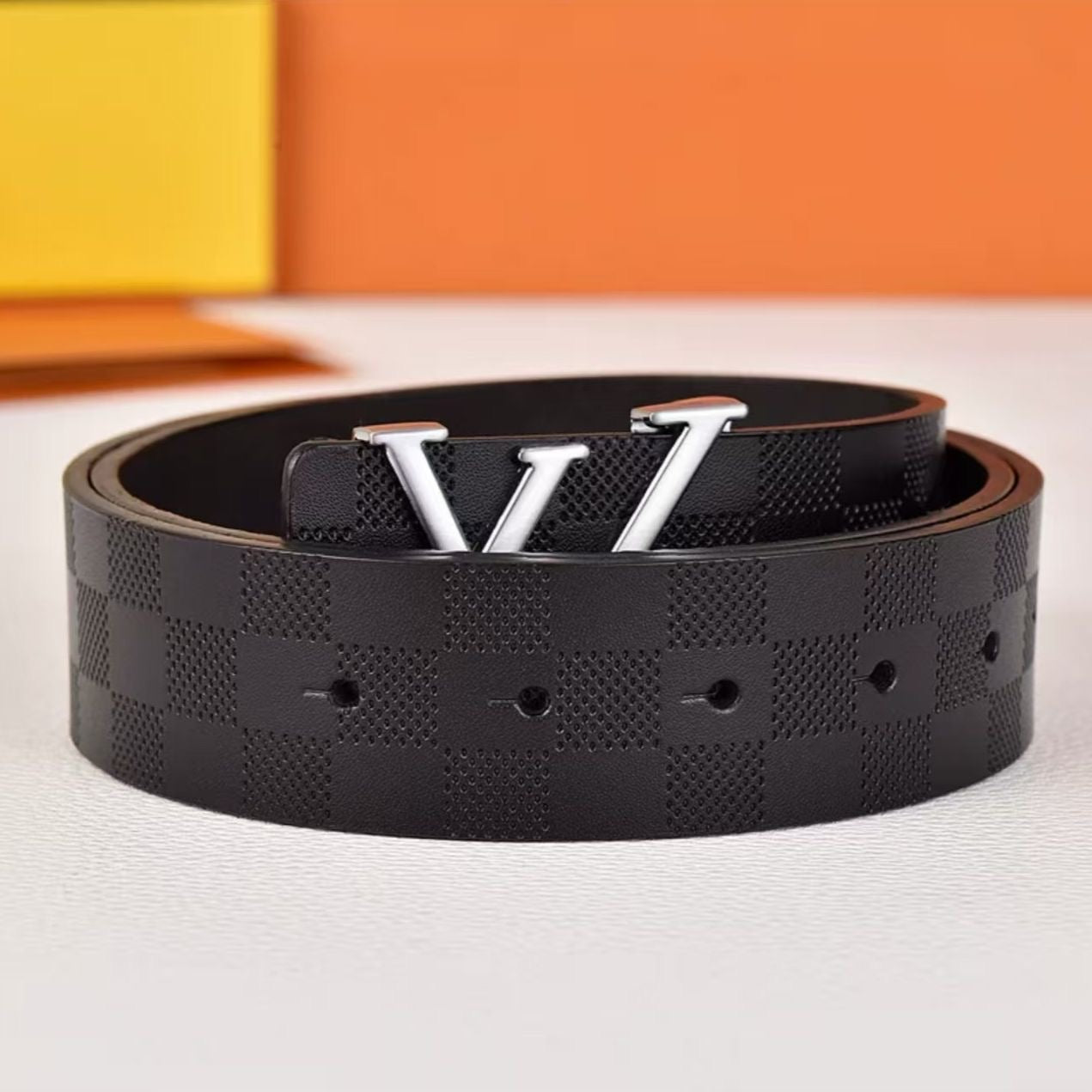 Embossed Check Pattern Letter Pin Buckle Leather Belt