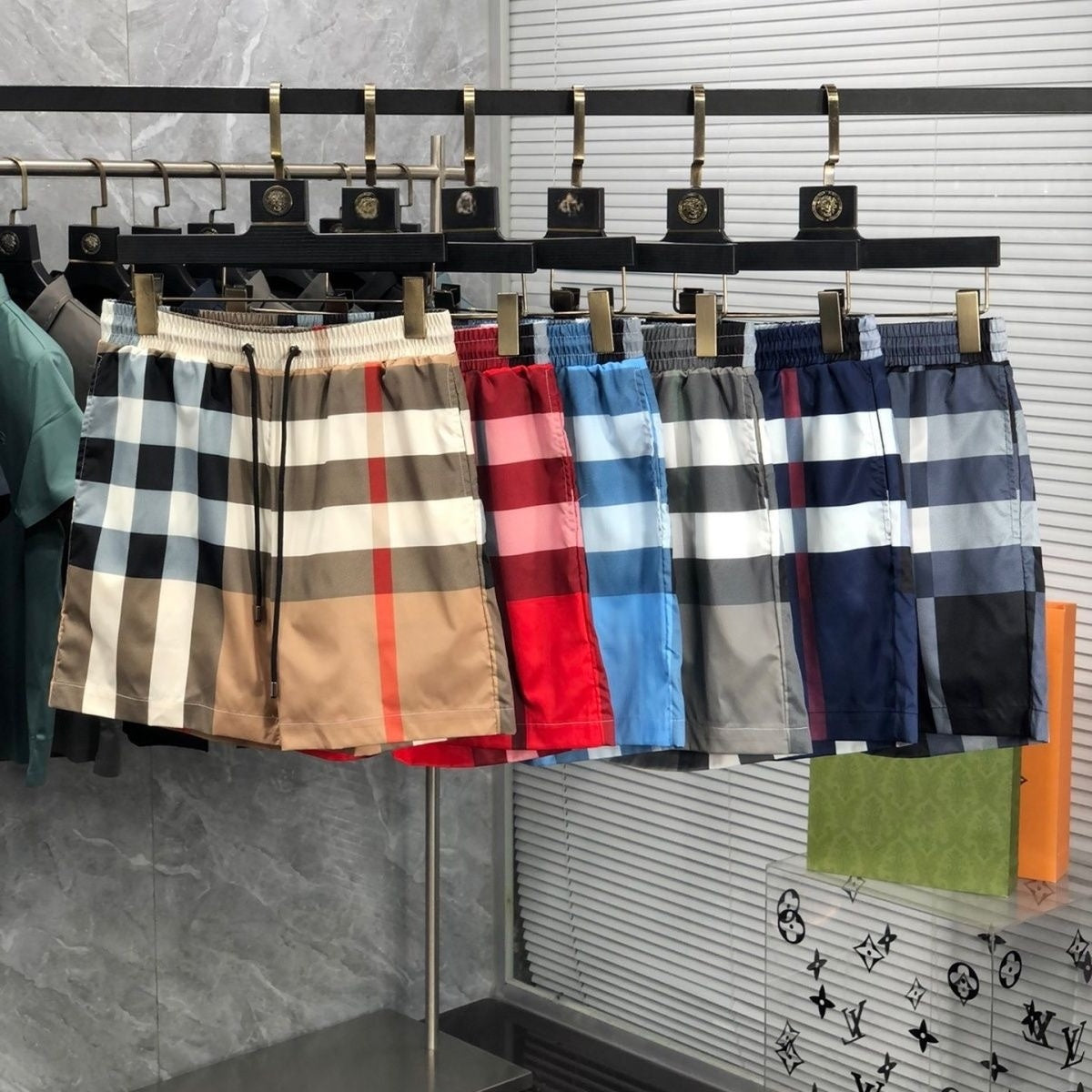 Vintage Plaid Drawstring Casual Swim Shorts