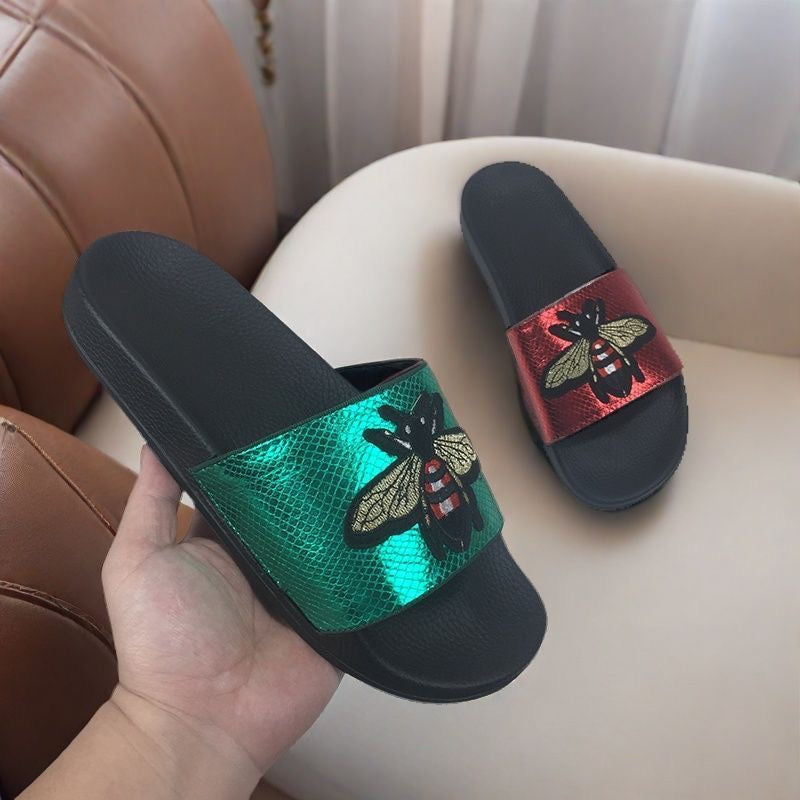 Metallic Snake Print Bee Embroidery Slide Sandals