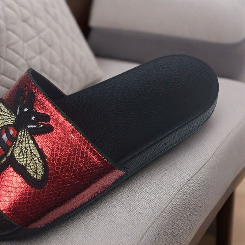 Metallic Snake Print Bee Embroidery Slide Sandals