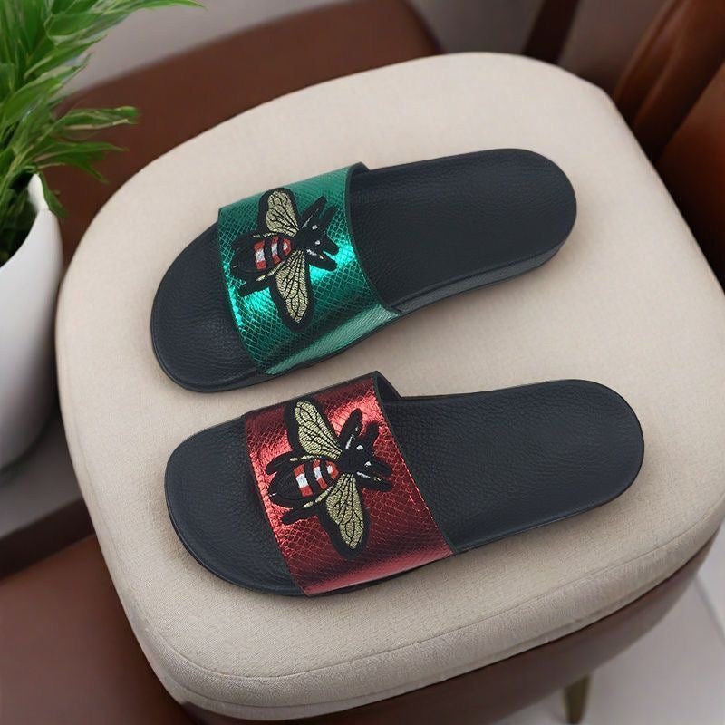 Metallic Snake Print Bee Embroidery Slide Sandals