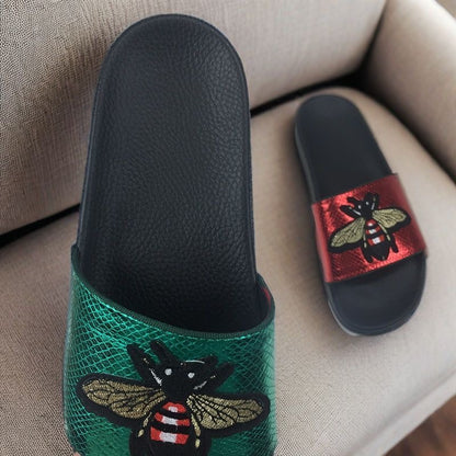 Metallic Snake Print Bee Embroidery Slide Sandals