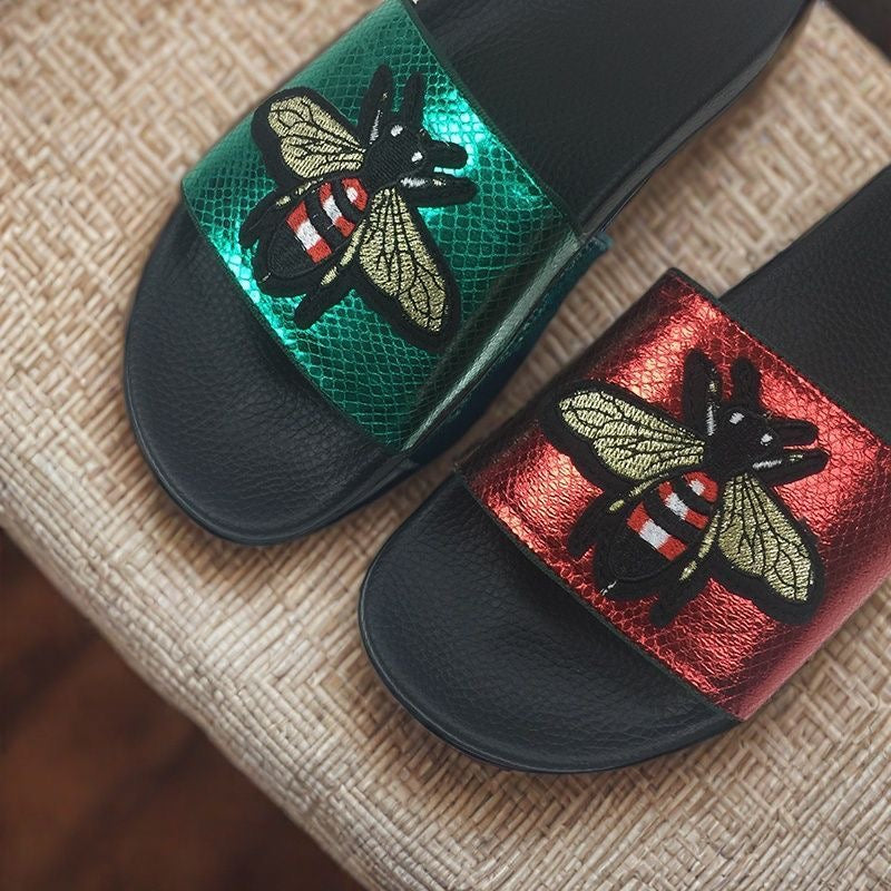 Metallic Snake Print Bee Embroidery Slide Sandals