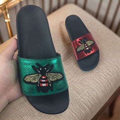 Metallic Snake Print Bee Embroidery Slide Sandals