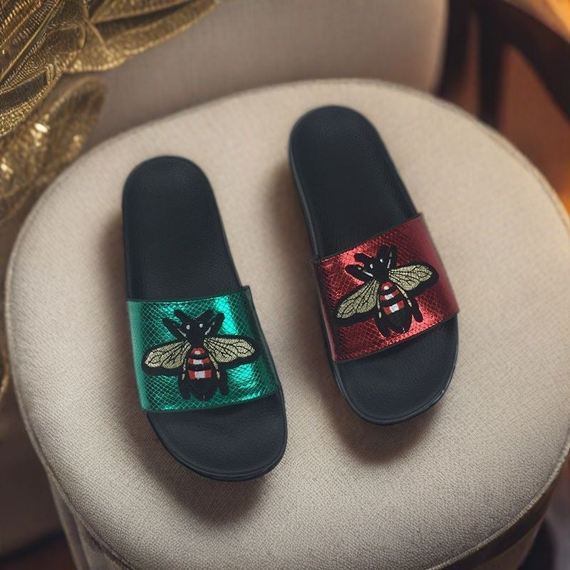 Metallic Snake Print Bee Embroidery Slide Sandals