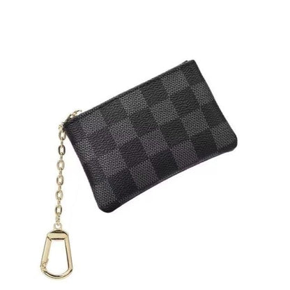 Check & Floral Print Zipper Key Coin Pouch