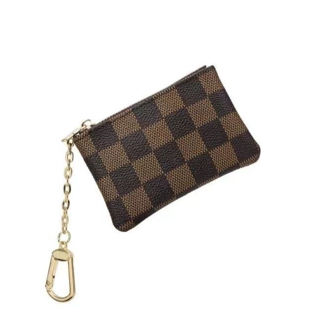 Check & Floral Print Zipper Key Coin Pouch