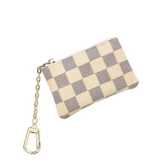 Check & Floral Print Zipper Key Coin Pouch