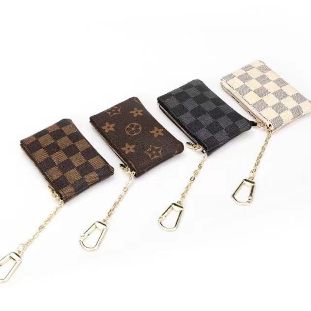 Check & Floral Print Zipper Key Coin Pouch