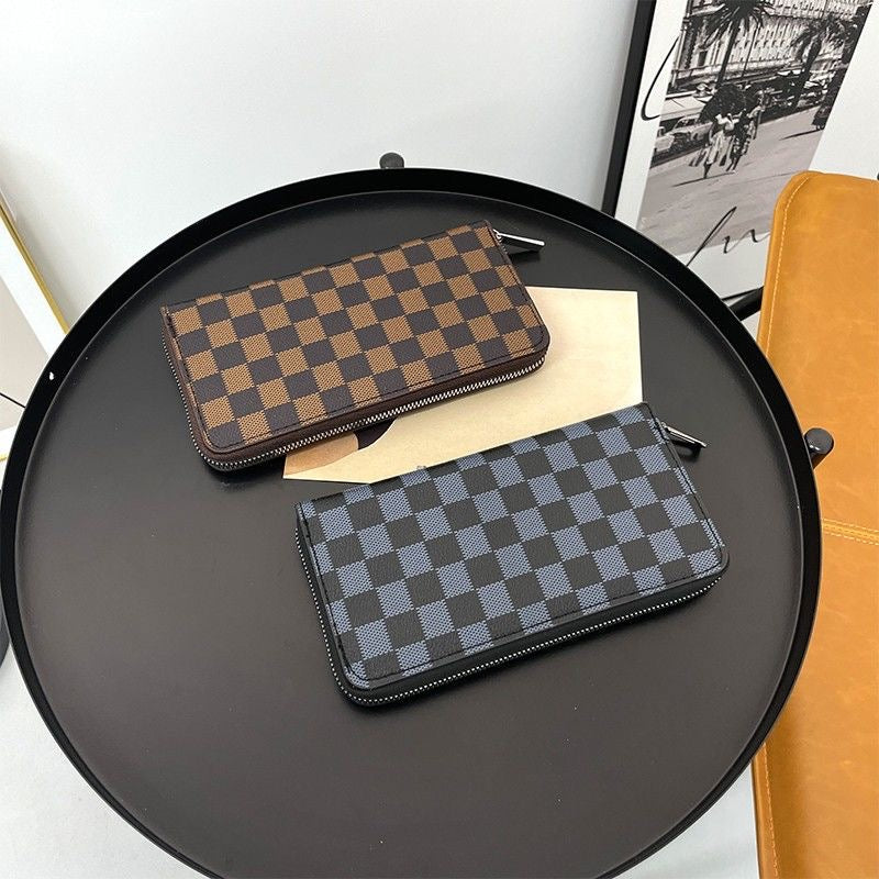 Checkered Coated Canvas Zip Around Long Wallet