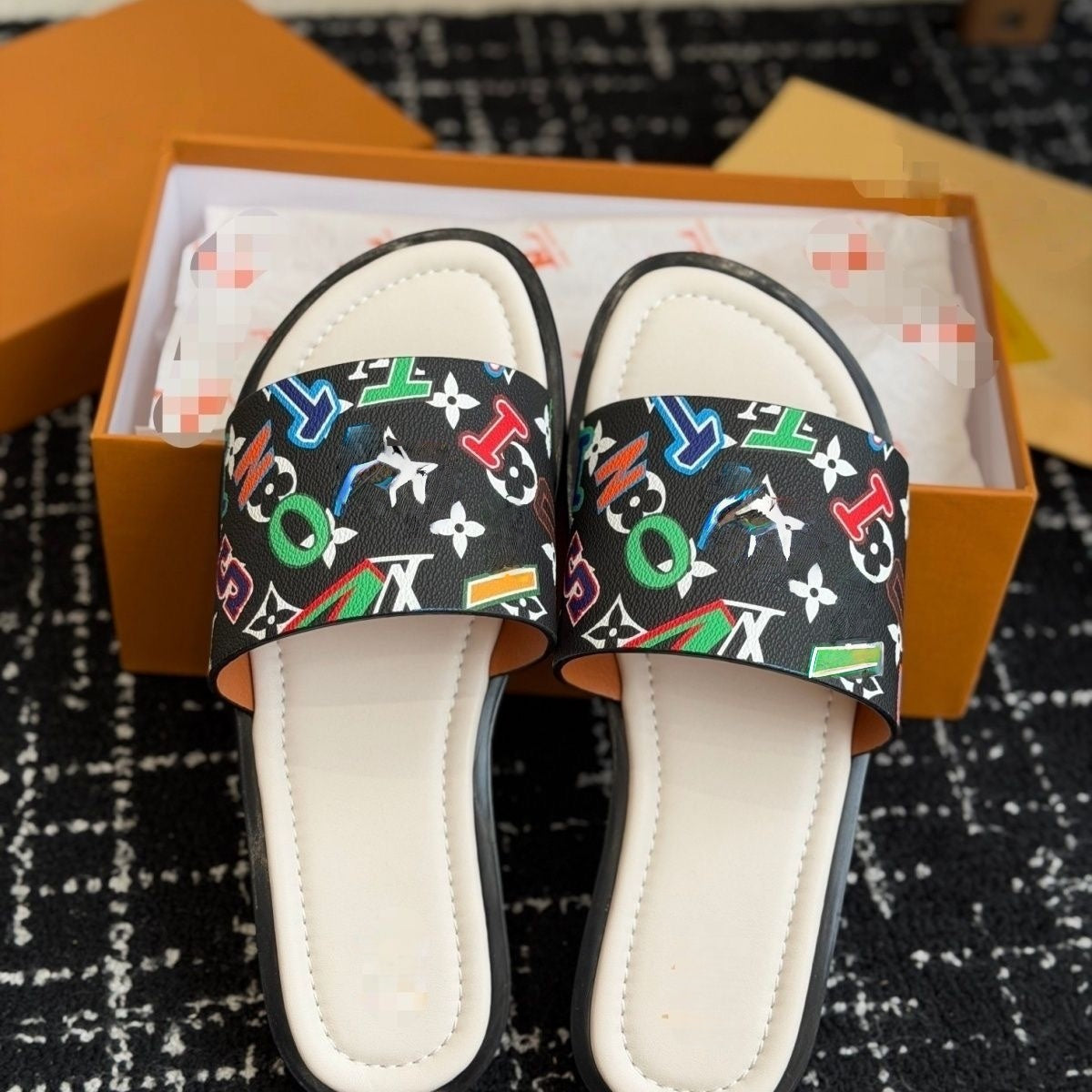 Colorful Logo Print Coated Canvas Slide Sandals