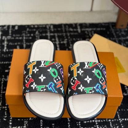 Colorful Logo Print Coated Canvas Slide Sandals