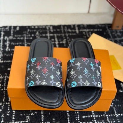 Colorful Logo Print Coated Canvas Slide Sandals